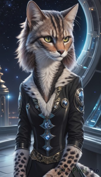 1girl,solo,long sleeves,animal ears,jewelry,closed mouth,green eyes,jacket,tail,yellow eyes,sky,belt,artist name,indoors,cat ears,signature,black jacket,no humans,window,night,cat,slit pupils,brooch,building,gem,star (sky),night sky,furry,starry sky,animal hands,furry female,body fur,animal focus,white fur,whiskers,black fur,grey fur,looking at viewer,cowboy shot,cat tail,animal,colored sclera,space,badge,yellow sclera