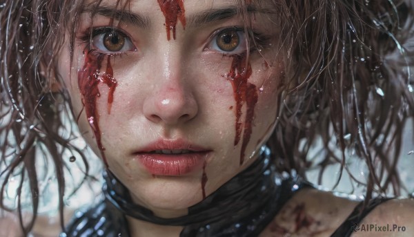 1girl,solo,looking at viewer,short hair,bangs,brown hair,brown eyes,jewelry,parted lips,teeth,choker,blurry,lips,eyelashes,blood,portrait,close-up,blood on face,realistic,nose,red lips,long hair,black hair,bare shoulders,depth of field,messy hair,injury