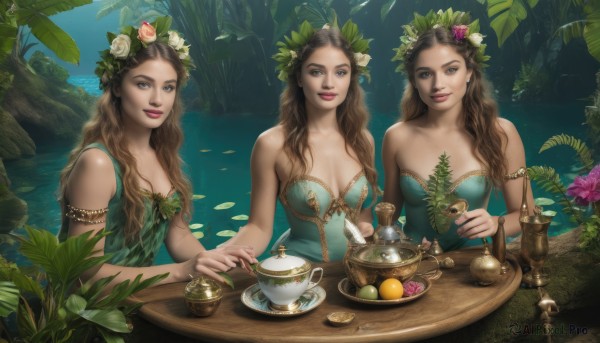 long hair,breasts,looking at viewer,smile,blue eyes,multiple girls,brown hair,hair ornament,dress,cleavage,bare shoulders,brown eyes,jewelry,medium breasts,sitting,flower,food,sleeveless,hair flower,3girls,water,tree,cup,lips,strapless,fruit,blue dress,leaf,wavy hair,table,plant,nature,strapless dress,armlet,plate,teacup,green dress,realistic,nose,candle,teapot,head wreath,tea,mushroom,lily pad,holding,closed mouth,collarbone,outdoors,artist name,fingernails,watermark,feathers,spoon,pouring