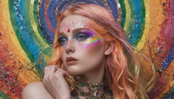 1girl,solo,long hair,blue eyes,blonde hair,bare shoulders,jewelry,parted lips,teeth,hand up,necklace,orange hair,mole,lips,looking to the side,eyelashes,makeup,looking away,ring,gem,portrait,eyeshadow,freckles,realistic,rainbow,colorful,mascara,choker,nail polish,facial mark,nose,gold