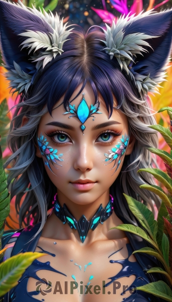 1girl,solo,long hair,breasts,looking at viewer,bangs,blue eyes,black hair,hair ornament,animal ears,cleavage,medium breasts,closed mouth,green eyes,blue hair,collarbone,upper body,multicolored hair,choker,artist name,blurry,aqua eyes,lips,animal ear fluff,fox ears,eyelashes,makeup,leaf,watermark,facial mark,plant,portrait,eyeshadow,freckles,pink lips,nose,forehead jewel,mascara,large breasts,jewelry,earrings,depth of field,close-up