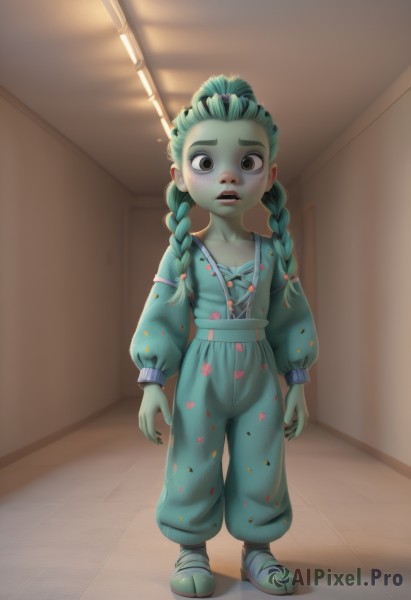 1girl,solo,long hair,looking at viewer,blush,hair ornament,long sleeves,brown eyes,standing,collarbone,full body,braid,heart,parted lips,green hair,shoes,teeth,puffy sleeves,pants,indoors,black eyes,twin braids,flat chest,aqua hair,colored skin,child,puffy long sleeves,wide-eyed,arms at sides,tiles,female child,overalls,green skin,tile floor,hallway,open mouth,artist name,fingernails,watermark,thick eyebrows,door,slippers