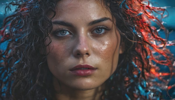 1girl,solo,long hair,looking at viewer,blue eyes,black hair,closed mouth,parted lips,dark skin,water,dark-skinned female,lips,eyelashes,makeup,wavy hair,portrait,close-up,freckles,curly hair,underwater,realistic,nose,red lips,brown eyes,floating hair