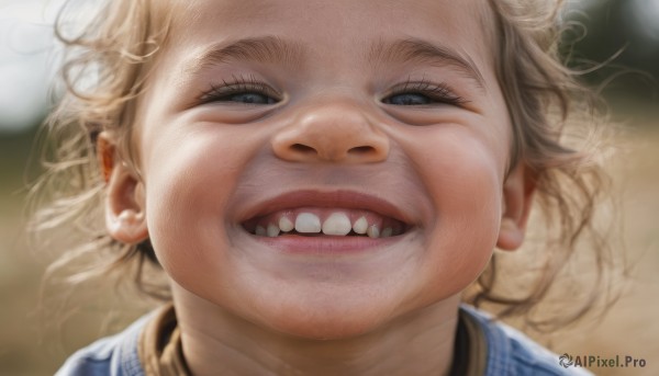 1girl,solo,looking at viewer,smile,open mouth,blue eyes,blonde hair,teeth,blurry,lips,depth of field,blurry background,upper teeth only,child,portrait,close-up,realistic,nose,female child,eyelashes,parody,half-closed eyes