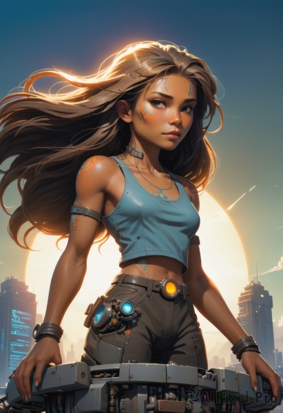 1girl,solo,long hair,breasts,looking at viewer,brown hair,navel,bare shoulders,brown eyes,jewelry,medium breasts,standing,collarbone,cowboy shot,small breasts,outdoors,parted lips,sky,sleeveless,choker,day,midriff,belt,pants,artist name,dark skin,necklace,nail polish,bracelet,dark-skinned female,lips,crop top,fingernails,eyelashes,tattoo,makeup,floating hair,watermark,facial mark,tank top,blue shirt,ground vehicle,wind,building,wristband,motor vehicle,forehead,armlet,backlighting,toned,sunset,nose,arms at sides,sun,arm tattoo,facial tattoo,cyborg,dirty,blue tank top,black pants,sunlight,thick eyebrows,armband,science fiction,watch,wristwatch,sunrise,cyberpunk,mechanical parts