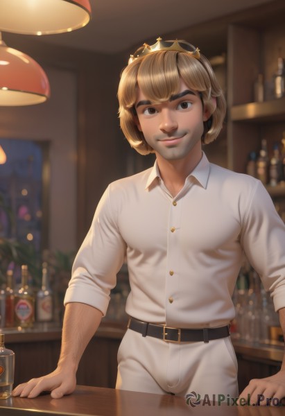 solo,looking at viewer,smile,short hair,bangs,blonde hair,brown hair,shirt,1boy,brown eyes,closed mouth,standing,white shirt,male focus,cowboy shot,collared shirt,belt,pants,indoors,blurry,cup,buttons,blurry background,facial hair,table,thick eyebrows,bottle,tiara,crown,beard,alcohol,sleeves rolled up,black belt,realistic,white pants,mustache,grey pants,bar (place),arm hair,counter,artist name,lips,dress shirt,drinking glass,nose,lamp