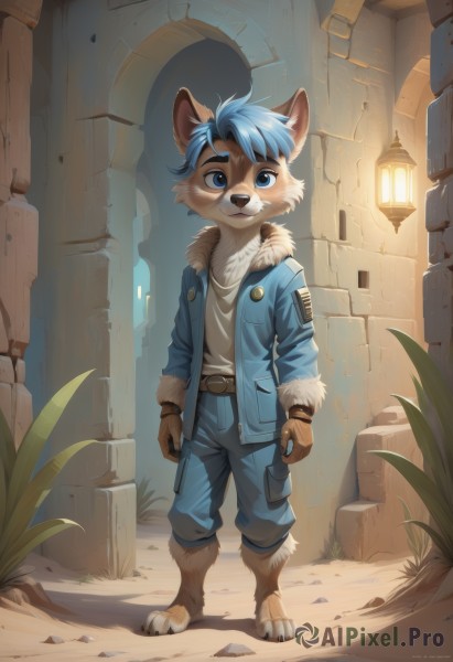 solo,looking at viewer,smile,short hair,open mouth,blue eyes,shirt,long sleeves,1boy,animal ears,blue hair,standing,jacket,tail,full body,white shirt,male focus,outdoors,open clothes,barefoot,belt,pants,artist name,signature,open jacket,fur trim,watermark,plant,denim,blue jacket,furry,pocket,blue pants,fur-trimmed jacket,furry male,male child,body fur,white fur,animal nose,snout,alley,denim jacket,blush,bangs,gloves,closed mouth,parted lips,teeth,day,indoors,fox ears,fox tail,happy,sunlight,web address,claws,buckle,brown gloves,zipper,fur collar,light rays,lantern,belt buckle,arms at sides,lamp,ruins,brown fur,two-tone fur,fox boy,blue fur