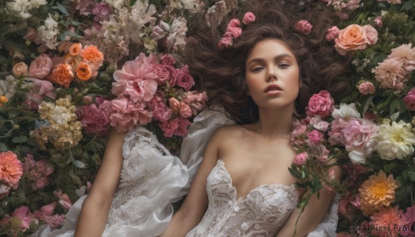 1girl, solo, long hair, breasts, looking at viewer, brown hair, dress, bare shoulders, brown eyes, flower, lying, parted lips, on back, lips, rose, pink flower, realistic, pink rose