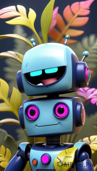 solo,looking at viewer,smile,open mouth,blue eyes,upper body,flower,pink eyes,blurry,no humans,blurry background,leaf,robot,mecha,straight-on,humanoid robot,closed mouth,feathers,pink flower,antennae,on head,joints