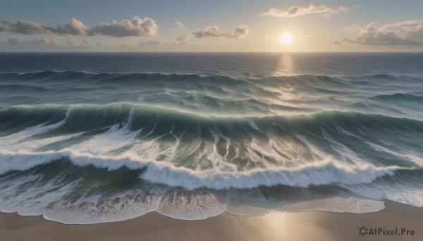 outdoors,sky,day,cloud,water,no humans,ocean,beach,sunlight,cloudy sky,scenery,sunset,sand,sun,horizon,waves,shore,sunrise,blue sky