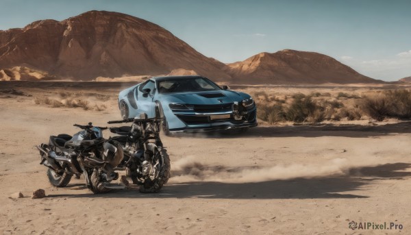 solo,1boy,jacket,weapon,male focus,outdoors,sky,day,blue sky,gun,military,shadow,helmet,ground vehicle,scenery,motor vehicle,science fiction,mountain,realistic,car,road,vehicle focus,motorcycle,mountainous horizon,desert,cloud,no humans,sand,driving,dust