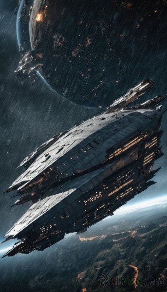 A unique view of a spacecraft in rainy scenery