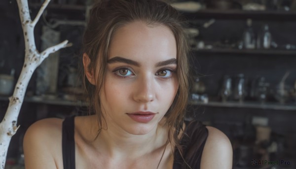 1girl,solo,looking at viewer,short hair,brown hair,bare shoulders,brown eyes,closed mouth,collarbone,indoors,medium hair,blurry,lips,blurry background,tank top,portrait,forehead,freckles,realistic,shelf,long hair,upper body,makeup,depth of field,thick eyebrows,antlers