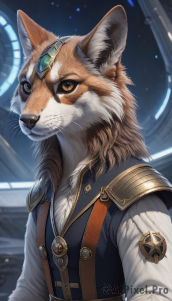 solo,shirt,long sleeves,1boy,animal ears,brown eyes,jewelry,closed mouth,white shirt,upper body,male focus,belt,artist name,signature,armor,vest,no humans,animal,gem,furry,furry male,body fur,animal focus,white fur,animal nose,whiskers,brown fur,blue gemstone,green gemstone,yellow eyes,necklace,animal ear fluff,shoulder armor,black vest,circlet,snout