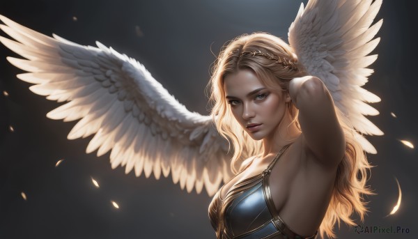 1girl,solo,long hair,breasts,looking at viewer,blue eyes,blonde hair,large breasts,cleavage,bare shoulders,medium breasts,closed mouth,upper body,parted lips,wings,armpits,armor,arm up,lips,sideboob,wavy hair,feathers,feathered wings,angel wings,circlet,realistic,nose,white wings,angel,simple background,braid,black background,backlighting,hand in own hair,adjusting hair