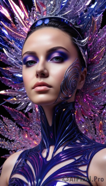 1girl,solo,breasts,looking at viewer,short hair,black hair,bare shoulders,closed mouth,green eyes,upper body,lips,eyelashes,makeup,watermark,lipstick,portrait,eyeshadow,realistic,nose,eyeliner,mascara,blue eyes,hair ornament,purple hair,multicolored hair,expressionless,feathers