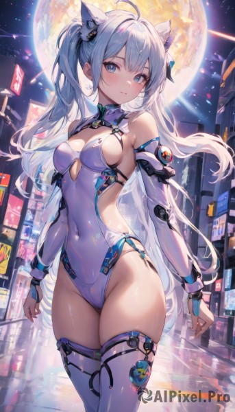 1girl,solo,long hair,breasts,looking at viewer,blush,bangs,blue eyes,hair ornament,thighhighs,long sleeves,animal ears,cleavage,bare shoulders,twintails,medium breasts,very long hair,blue hair,standing,ahoge,white hair,sidelocks,thighs,cowboy shot,outdoors,parted lips,detached sleeves,sky,cat ears,white thighhighs,leotard,groin,animal ear fluff,clothing cutout,sideboob,covered navel,skindentation,night,highleg,moon,cleavage cutout,building,night sky,bridal gauntlets,skin tight,full moon,highleg leotard,city,white leotard,cityscape,barcode,sideless outfit,gloves,jewelry,closed mouth,earrings,small breasts,elbow gloves,collar,see-through,petals,thick thighs,extra ears,backlighting,blue leotard,bare hips