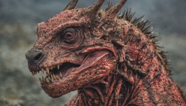 solo,open mouth,outdoors,horns,sky,teeth,tongue,cloud,blurry,no humans,blurry background,fangs,cloudy sky,sharp teeth,1other,spikes,monster,from side,veins,realistic,scales,horror (theme),dinosaur