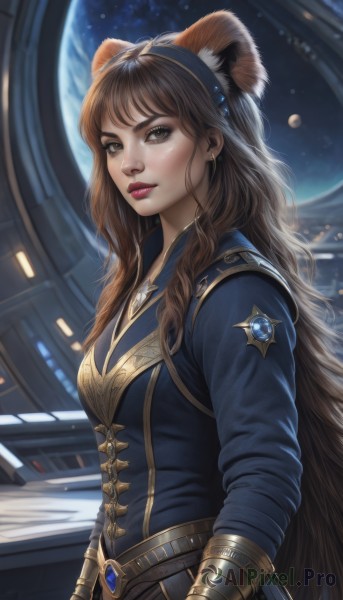 1girl,solo,long hair,breasts,looking at viewer,bangs,brown hair,long sleeves,animal ears,brown eyes,jewelry,very long hair,upper body,hairband,earrings,parted lips,belt,artist name,indoors,cat ears,signature,armor,from side,lips,animal ear fluff,makeup,lipstick,gauntlets,gem,freckles,realistic,nose,red lips,space,planet,earth (planet),medium breasts,fake animal ears