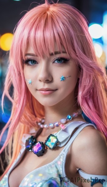 1girl,solo,long hair,breasts,looking at viewer,smile,bangs,blue eyes,cleavage,bare shoulders,jewelry,medium breasts,closed mouth,upper body,pink hair,necklace,star (symbol),blurry,lips,eyelashes,makeup,blurry background,gem,freckles,realistic,nose,pearl necklace,tattoo,facial mark