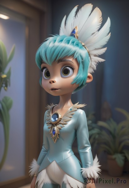 1girl,solo,short hair,bangs,hair ornament,long sleeves,brown eyes,jewelry,blue hair,standing,yellow eyes,cowboy shot,parted lips,pants,indoors,blurry,fur trim,aqua hair,blurry background,feathers,blue shirt,plant,brooch,gem,child,androgynous,potted plant,feather hair ornament,breasts,looking at viewer,dress,small breasts,window