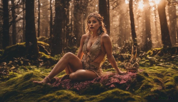 1girl,solo,long hair,breasts,blonde hair,brown hair,dress,cleavage,bare shoulders,jewelry,medium breasts,sitting,earrings,outdoors,barefoot,dark skin,necklace,blurry,dark-skinned female,tree,lips,bare legs,no bra,sideboob,arm support,sunlight,grass,nature,forest,realistic,fantasy,anklet,on ground,looking at viewer,large breasts,bracelet,sleeveless dress,plant