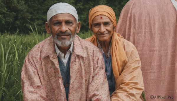 looking at viewer,smile,shirt,jewelry,closed mouth,closed eyes,white shirt,upper body,grey hair,male focus,outdoors,multiple boys,day,collared shirt,2boys,vest,facial hair,grass,nature,facing viewer,beard,mustache,bald,manly,head scarf,old,old man,turban,old woman,wrinkled skin,1girl,long sleeves,1boy,hat,jacket,open clothes,dark skin,necklace,blurry,black eyes,open jacket,tree,blood,white headwear,dark-skinned male,blue shirt,brown jacket,blood on clothes,brown coat,dirty