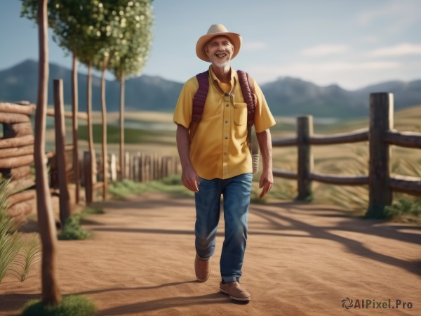 solo,looking at viewer,smile,shirt,1boy,hat,standing,full body,short sleeves,grey hair,male focus,boots,outdoors,sky,teeth,day,pants,bag,grin,blurry,tree,depth of field,blurry background,shadow,facial hair,brown footwear,backpack,grass,denim,beard,walking,yellow shirt,jeans,realistic,fence,blue pants,road,old,old man,path,wooden fence,closed eyes,shoes,vest,blue sky,tattoo,sunglasses,mountain,brown headwear,cowboy hat,brown vest