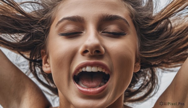 1girl,solo,long hair,open mouth,brown hair,closed eyes,lying,teeth,tongue,on back,arms up,lips,upper teeth only,portrait,facing viewer,close-up,realistic,nose,1boy,nude,armpits,eyelashes,parody,thick eyebrows,uvula