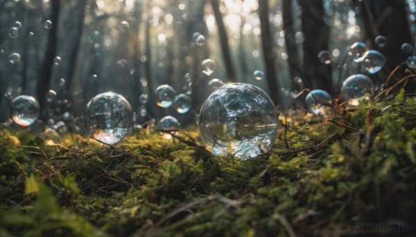 outdoors, day, blurry, tree, no humans, depth of field, sunlight, plant, nature, scenery, forest, bubble, blurry foreground