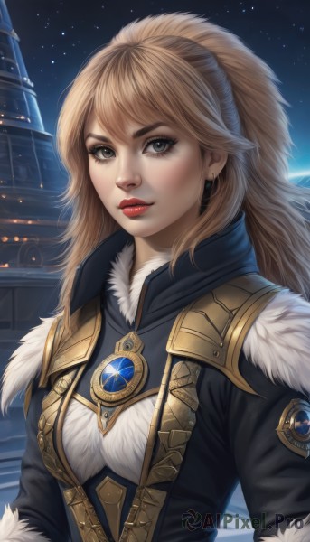 1girl,solo,long hair,breasts,looking at viewer,bangs,blonde hair,brown hair,brown eyes,jewelry,medium breasts,upper body,ponytail,outdoors,sky,lips,coat,grey eyes,fur trim,makeup,night,lipstick,brooch,gem,star (sky),night sky,starry sky,nose,red lips,earrings,artist name,eyelashes,fur collar,hyur