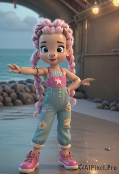 1girl,solo,long hair,looking at viewer,smile,open mouth,shirt,hair ornament,bare shoulders,brown eyes,jewelry,very long hair,standing,full body,pink hair,braid,outdoors,shoes,hairclip,pants,dark skin,water,star (symbol),blurry,black eyes,twin braids,flat chest,bracelet,dark-skinned female,hand on hip,torn clothes,blurry background,denim,outstretched arm,pointing,child,pink footwear,female child,overalls,torn pants,multiple braids,blue eyes,twintails,multicolored hair,parted lips,teeth,artist name,ocean,piercing,sneakers,armband,pink shirt,jeans,star print,nose piercing