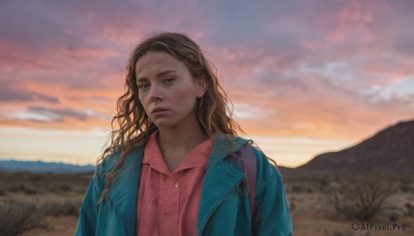 1girl,solo,long hair,looking at viewer,brown hair,shirt,brown eyes,jewelry,jacket,upper body,outdoors,open clothes,sky,collared shirt,cloud,dark skin,bag,blurry,open jacket,lips,blurry background,wavy hair,backpack,blue jacket,messy hair,red shirt,freckles,curly hair,pink shirt,sunset,mountain,realistic,looking afar,blue coat,mountainous horizon,denim jacket,parted lips,tree,cloudy sky,denim