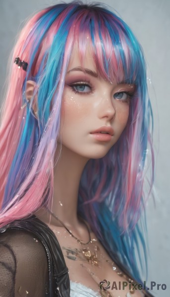 1girl,solo,long hair,breasts,looking at viewer,bangs,blue eyes,simple background,hair ornament,cleavage,jewelry,medium breasts,underwear,blue hair,upper body,pink hair,multicolored hair,earrings,parted lips,hairclip,shiny,artist name,grey background,necklace,bra,vest,two-tone hair,lips,wet,eyelashes,makeup,piercing,ear piercing,portrait,pendant,eyeshadow,freckles,pink lips,realistic,nose,eyeliner,mascara,collarbone,jacket,teeth,blunt bangs,streaked hair,watermark,lipstick,web address,water drop