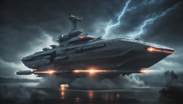 HQ,sky,cloud,signature,military,no humans,night,cloudy sky,scenery,smoke,flying,science fiction,realistic,aircraft,military vehicle,electricity,watercraft,vehicle focus,ship,lightning,fog,spacecraft,lights,thrusters,outdoors,water,glowing,reflection,radio antenna