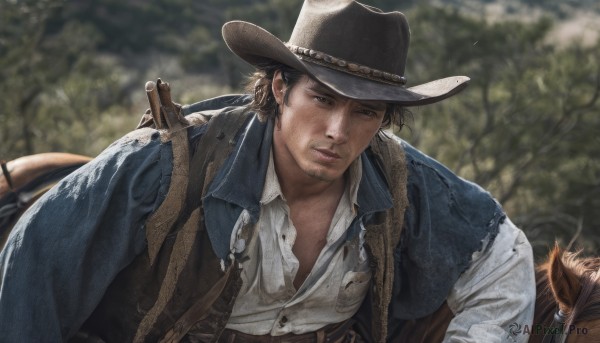 solo,looking at viewer,brown hair,shirt,black hair,1boy,hat,brown eyes,jacket,white shirt,upper body,weapon,male focus,outdoors,open clothes,day,collared shirt,blurry,tree,gun,blurry background,facial hair,nature,beard,forest,realistic,stubble,riding,partially unbuttoned,horse,cowboy hat,revolver,horseback riding,cowboy western,reins,short hair,open mouth,parted lips,vest,depth of field,sideburns,holstered weapon,saddle