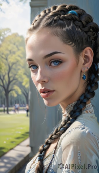 1girl,solo,long hair,breasts,looking at viewer,blue eyes,brown hair,black hair,hair ornament,dress,jewelry,upper body,braid,earrings,outdoors,parted lips,teeth,solo focus,choker,day,necklace,white dress,blurry,twin braids,from side,tree,lips,see-through,looking to the side,eyelashes,single braid,makeup,depth of field,blurry background,sunlight,grass,gem,portrait,hair over shoulder,freckles,realistic,nose,red lips,dappled sunlight,mascara,multiple braids,blue hair,multicolored hair,sky,signature,bra,two-tone hair,blue sky,streaked hair,blue dress,piercing,ear piercing,lace,forehead,blue gemstone