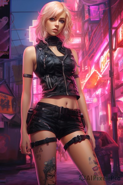 1girl,solo,breasts,looking at viewer,short hair,blue eyes,blonde hair,navel,bare shoulders,jewelry,medium breasts,standing,pink hair,cowboy shot,outdoors,parted lips,shorts,sleeveless,solo focus,midriff,belt,necklace,vest,lips,crop top,short shorts,tattoo,makeup,thigh strap,night,black shorts,ring,zipper,contrapposto,city,sign,leg tattoo,neon lights,long hair,medium hair,stomach,watermark,wavy hair,armband,alley