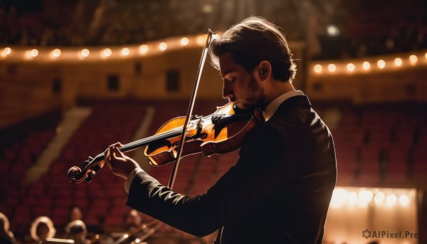 solo,short hair,open mouth,brown hair,shirt,black hair,long sleeves,1boy,holding,jacket,closed eyes,white shirt,upper body,male focus,necktie,collared shirt,indoors,blurry,from side,black jacket,profile,depth of field,blurry background,facial hair,formal,suit,instrument,beard,mustache,music,playing instrument,crowd,violin,stage,vest,backlighting,realistic,black suit