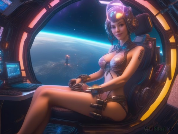 1girl,solo,breasts,looking at viewer,smile,short hair,gloves,cleavage,bare shoulders,brown eyes,medium breasts,sitting,closed mouth,artist name,bracelet,lips,clothing cutout,tattoo,headgear,cleavage cutout,helmet,star (sky),headset,science fiction,realistic,nose,controller,space,monitor,planet,barcode,earth (planet),cockpit,joystick,brown hair,navel,shorts,headphones,chair,computer,keyboard (computer),barcode tattoo,holographic interface