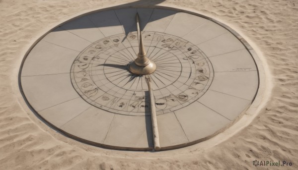 weapon,sword,no humans,shadow,from above,scenery,sand,magic circle,still life,water,brown theme,desert