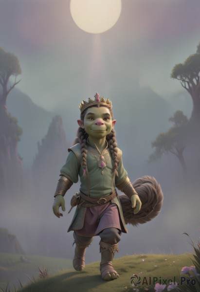 solo,long hair,smile,brown hair,black hair,1boy,jewelry,standing,tail,full body,braid,flower,male focus,boots,outdoors,sky,pointy ears,belt,pants,necklace,twin braids,tree,night,colored skin,moon,grass,crown,furry,pink flower,walking,pouch,mountain,furry male,green skin,1girl,breasts,looking at viewer,long sleeves,brown eyes,small breasts,teeth,day,artist name,flat chest,sunlight,thick eyebrows,looking up,gem,full moon,backlighting,freckles,light rays,sun,brown belt,fog