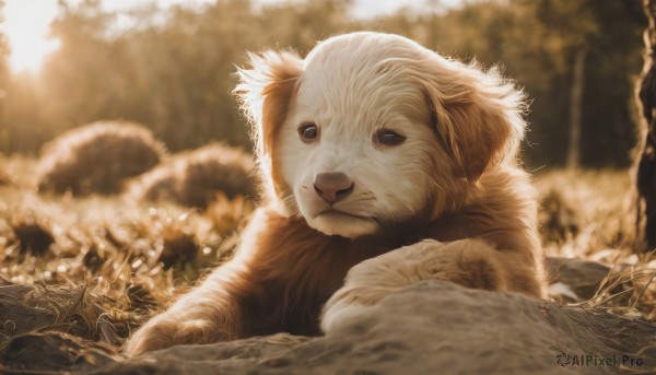 solo,looking at viewer,outdoors,signature,blurry,tree,no humans,depth of field,blurry background,animal,sunlight,grass,nature,forest,rock,realistic,sun,animal focus,closed mouth,cat,plant,dog,sepia