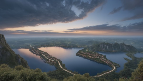 The majestic beauty of a landscape set within a dynamic sunset outdoors