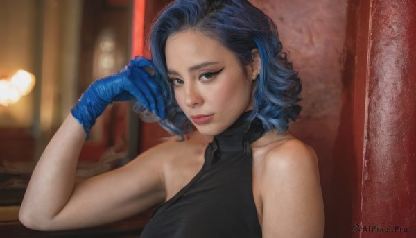 1girl,solo,breasts,looking at viewer,smile,short hair,shirt,black hair,gloves,bare shoulders,brown eyes,jewelry,closed mouth,blue hair,upper body,multicolored hair,earrings,sleeveless,indoors,hand up,medium hair,two-tone hair,lips,black shirt,blurry background,halterneck,realistic,blue gloves,dress,blurry,makeup,nose