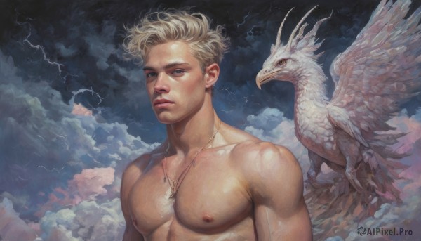 solo,looking at viewer,blue eyes,blonde hair,1boy,jewelry,closed mouth,nipples,upper body,male focus,wings,sky,artist name,cloud,signature,necklace,lips,muscular,bird,animal,cloudy sky,pectorals,topless male,realistic,nose,dragon,manly,lightning,short hair,white hair,nude,muscular male,pendant