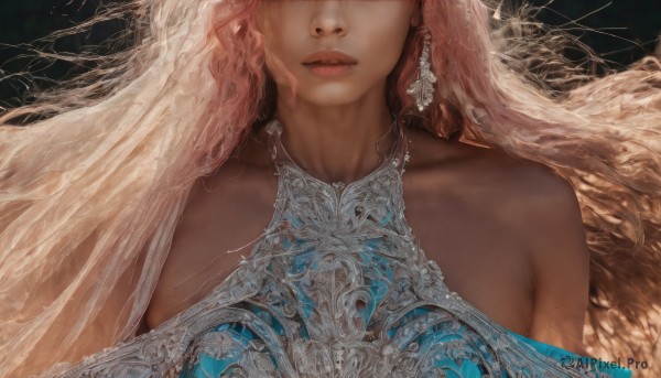 1girl,solo,long hair,blonde hair,bare shoulders,jewelry,closed mouth,collarbone,upper body,pink hair,earrings,dark skin,necklace,dark-skinned female,lips,wavy hair,veil,facing viewer,close-up,realistic,head out of frame,breasts,large breasts,dress,red hair,parted lips,mole,see-through,wedding dress,bridal veil