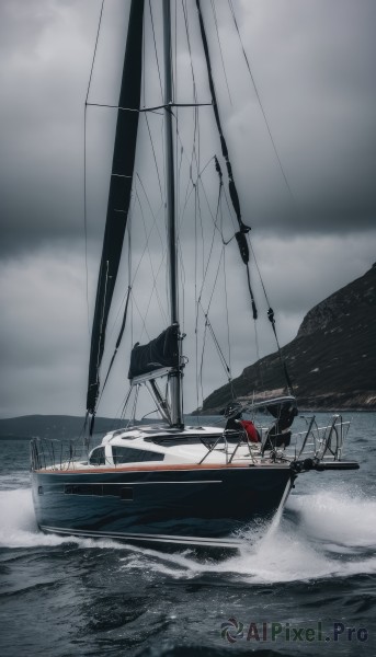 1girl,solo,1boy,outdoors,sky,cloud,water,ocean,cloudy sky,instrument,scenery,horizon,watercraft,ship,waves,boat,grey sky,no humans,overcast