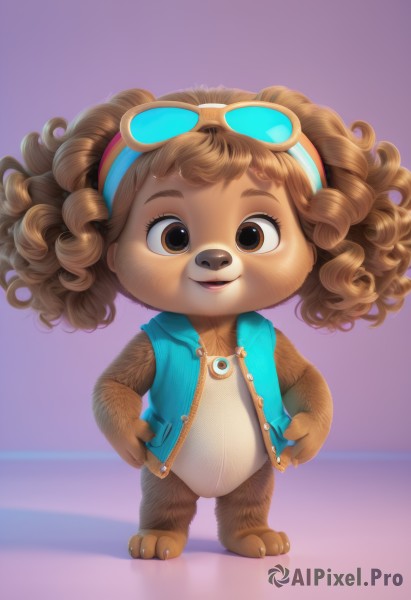 1girl,solo,looking at viewer,smile,open mouth,simple background,brown hair,animal ears,brown eyes,jewelry,standing,full body,open clothes,sleeveless,artist name,dark skin,necklace,vest,lips,sunglasses,goggles,eyewear on head,furry,purple background,curly hair,goggles on head,hands on hips,furry female,female child,blue vest,body fur,animal nose,open vest,white-framed eyewear,short hair,shirt,jacket,hairband,parted lips,teeth,hood,open jacket,dark-skinned female,eyelashes,buttons,watermark,blue jacket,zipper,unzipped,sleeveless jacket,brown fur