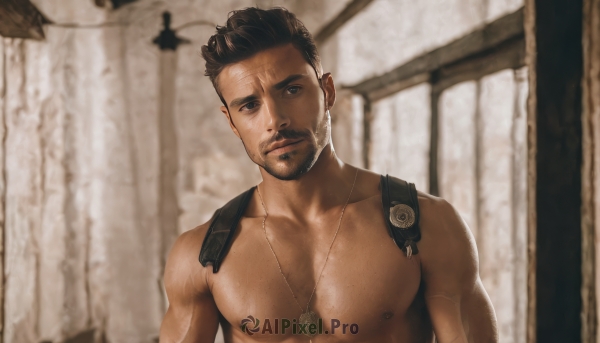 solo,looking at viewer,short hair,brown hair,black hair,1boy,brown eyes,jewelry,closed mouth,nipples,upper body,male focus,nude,indoors,dark skin,necklace,blurry,muscular,blurry background,facial hair,dark-skinned male,pectorals,muscular male,bara,beard,large pectorals,mature male,realistic,chest hair,dog tags,stubble